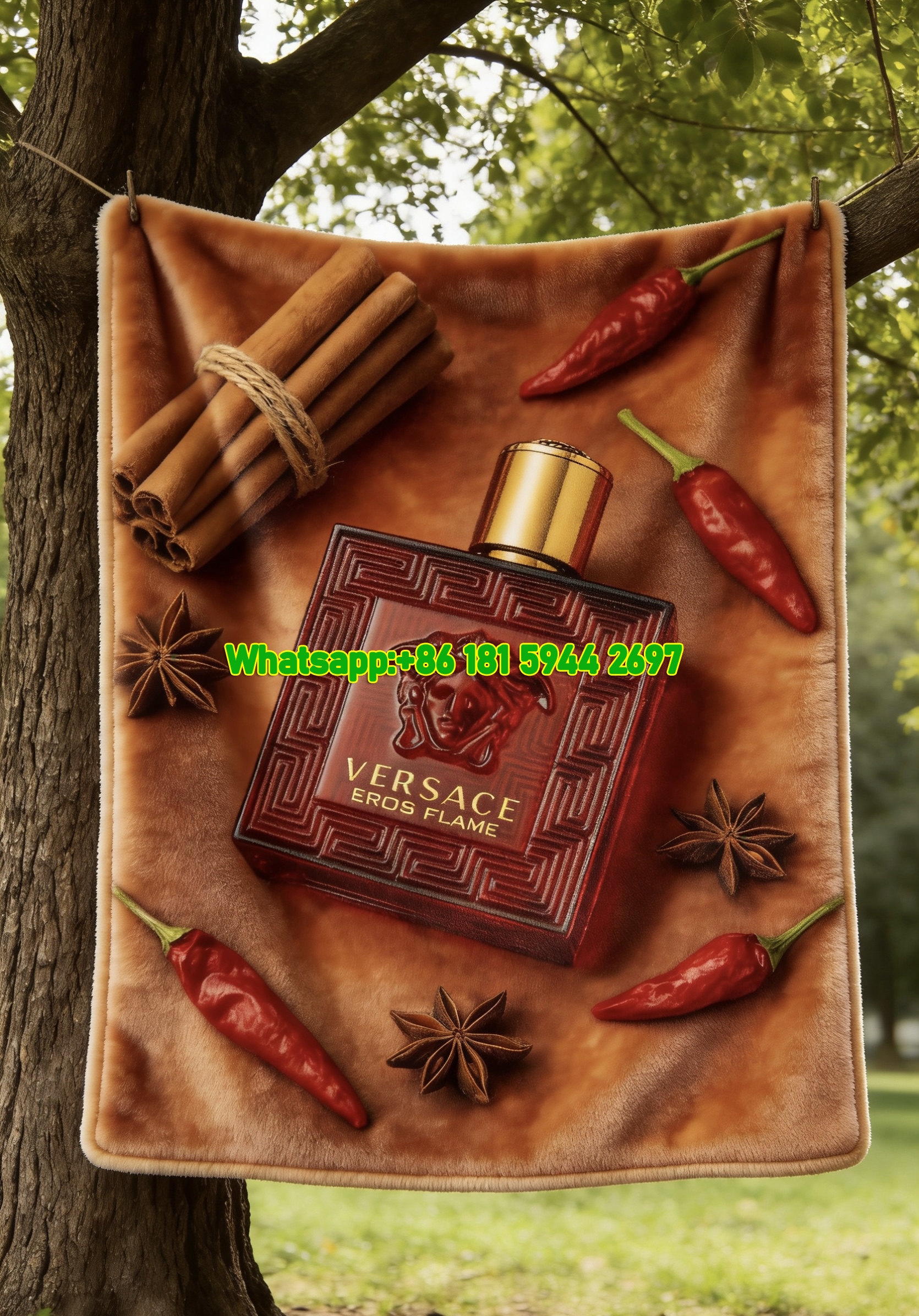 Versace Deep Red and Gold Eros Flame Perfume Bottle Print Flannel Sofa Throw Blanket IMG_1622